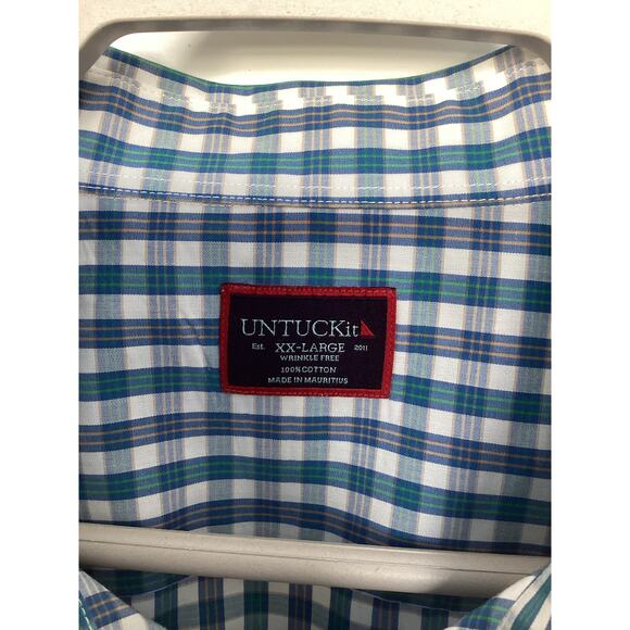 Untuckit Men 100% Cotton Check Wrinkle-Free Button Down Shirt Blue White XXLarge - Picture 5 of 9